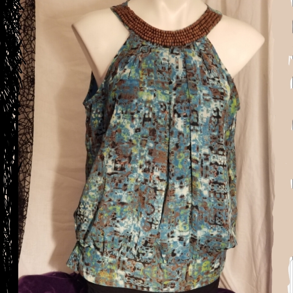 EUC Brown & Teal embellished blouse by ADIVA Med. - Picture 2 of 5